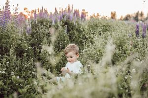Young boy playing in flower garden