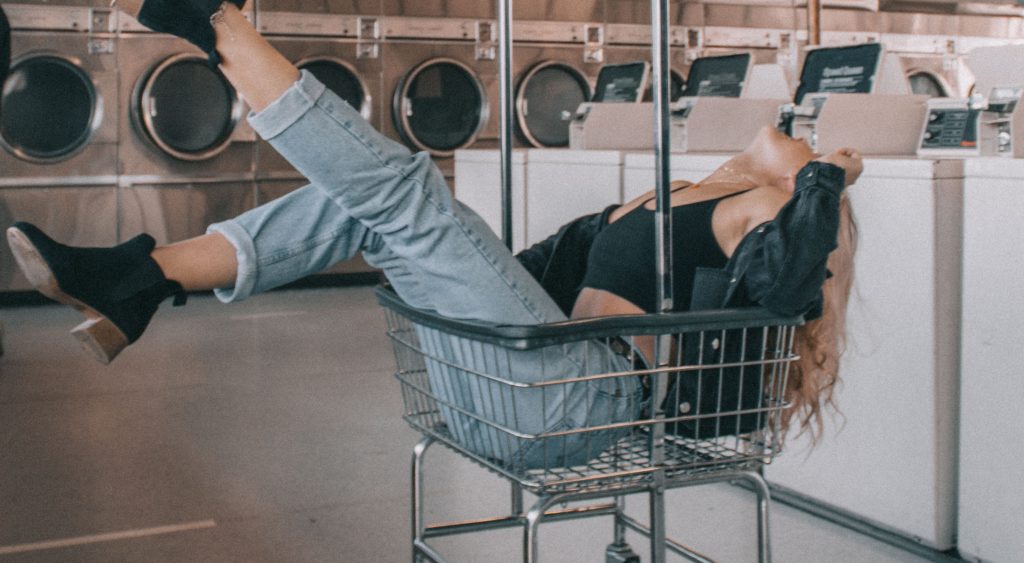 juggle of motherhood mama disrupt Woman having fun in trolley