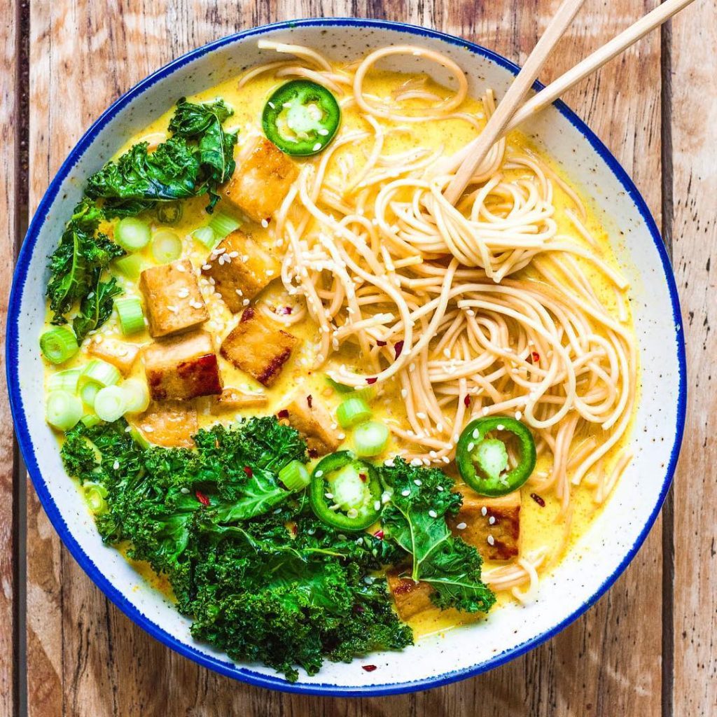 Whole vegan pantry Ramen with Crispy Tofu and Kale Chips full view