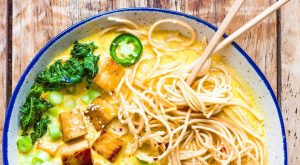 Whole vegan pantry Ramen with Crispy Tofu and Kale Chips