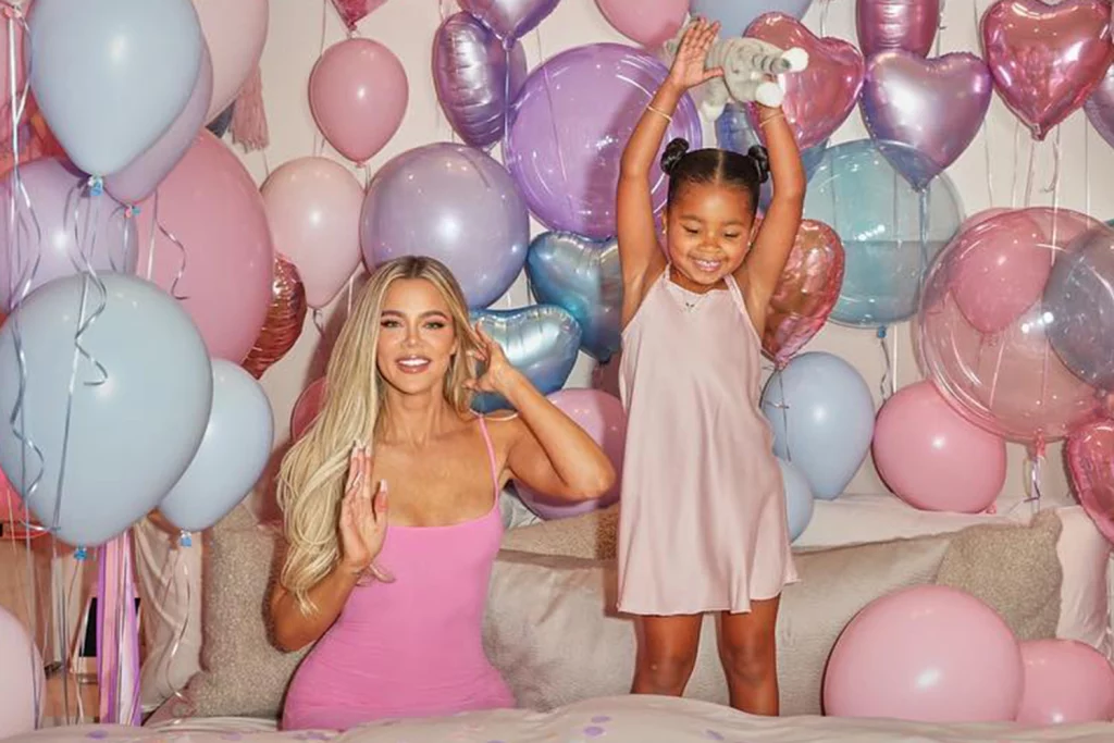 Khloe Kardashian and daughter True with balloons