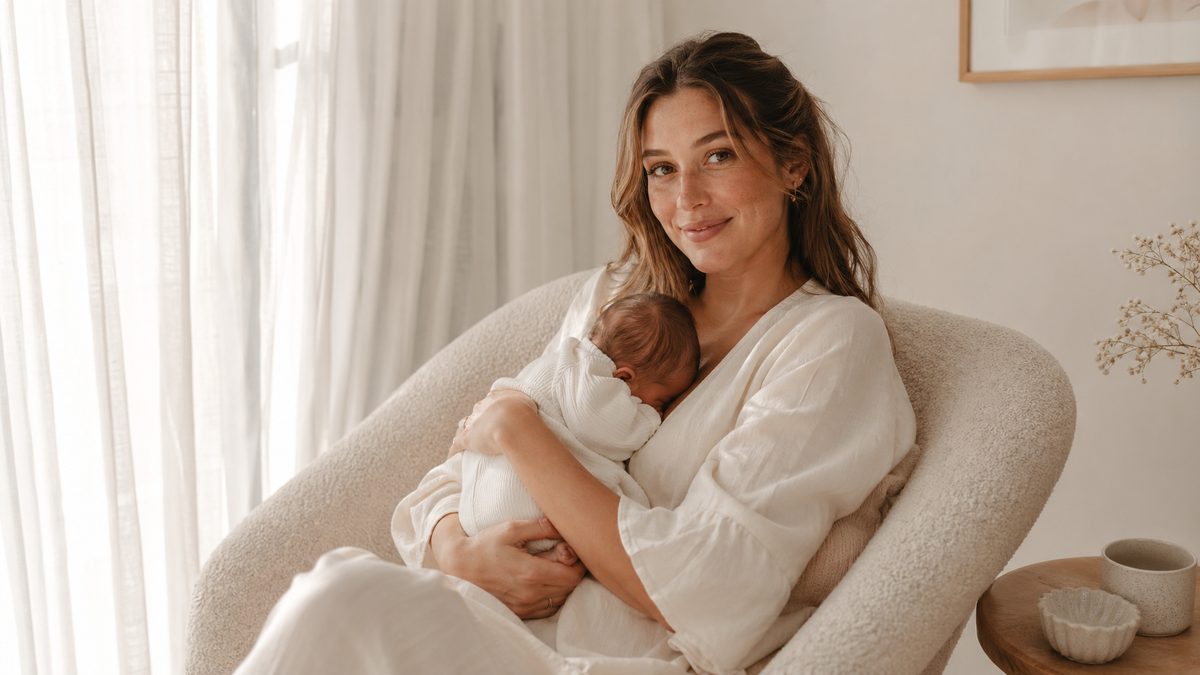 A new mother sitting in a light-filled Australian home cradling her newborn baby